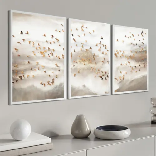 Kit 3 Quadros Decorativos Pássaros Dourados Abstrato Moldura