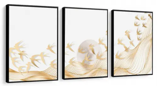 Kit 3 Quadros Decorativos Pássaros Dourados Moderno Moldura
