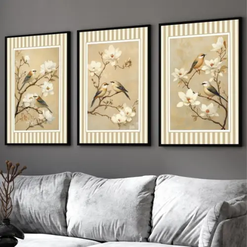 Kit 3 Quadros Decorativos Pássaros Nude Listra Moldura Vidro
