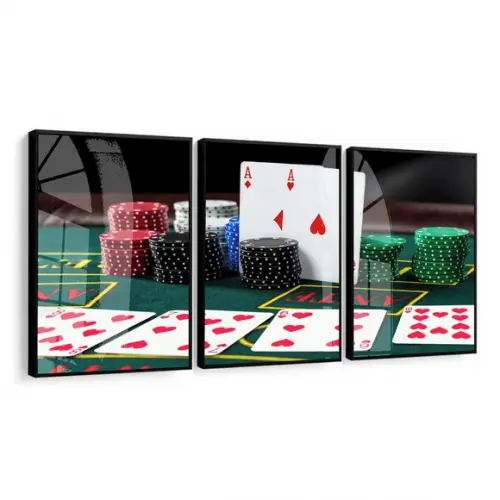 Kit 3 Quadros Decorativos Poker Baralho Jogo Moldura e Vidro
