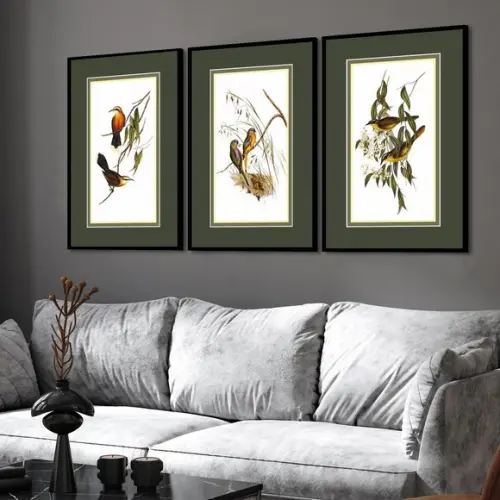 Kit 3 Quadros Decorativos Pássaros Verde com Moldura Vidro