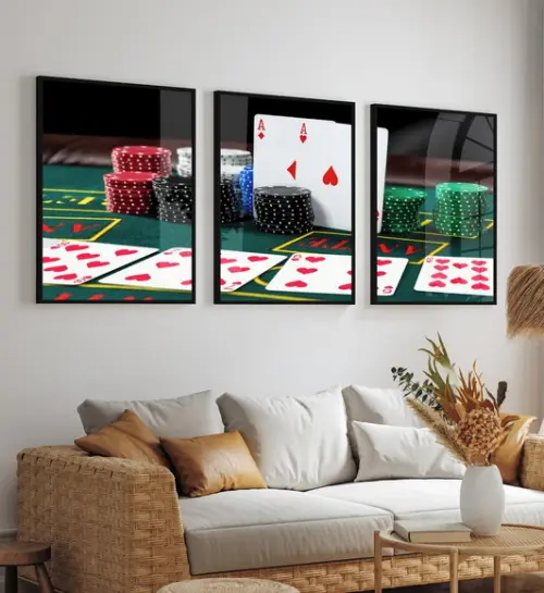 Kit 3 Quadros Decorativos Poker Baralho Jogo Moldura e Vidro