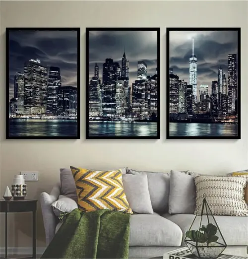 Kit 3 Quadros Decorativos Ponte Brooklyn Cidade Com Moldura