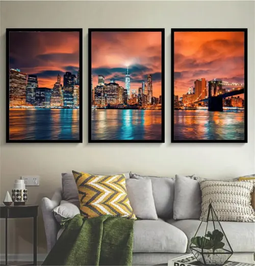 Kit 3 Quadros Decorativos Ponte Brooklyn Paisagem Moldura
