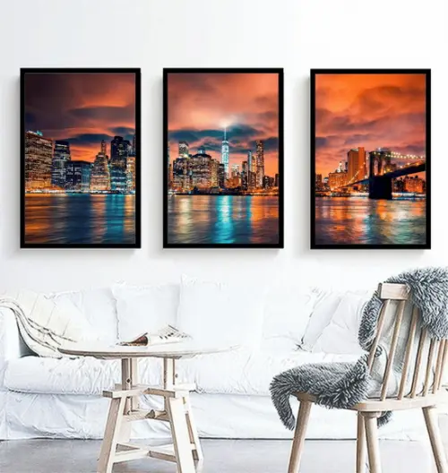 Kit 3 Quadros Decorativos Ponte Brooklyn Paisagem Moldura