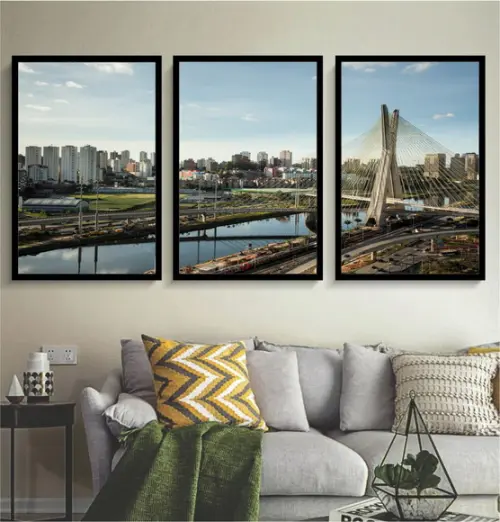 Kit 3 Quadros Decorativos Ponte Estaiada São Paulo Moldura