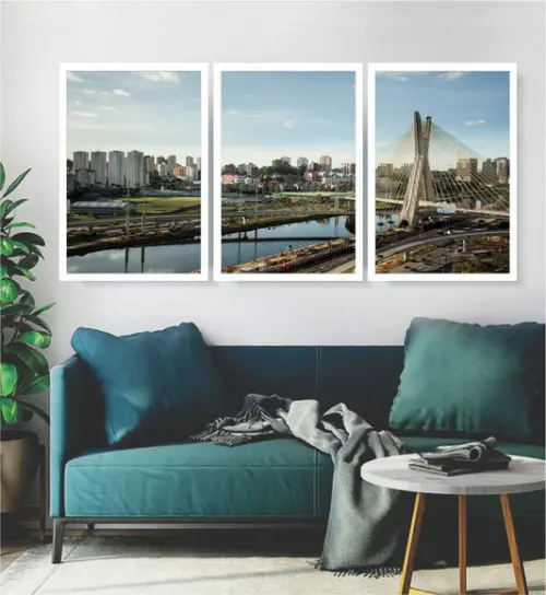 Kit 3 Quadros Decorativos Ponte Estaiada São Paulo Molduras
