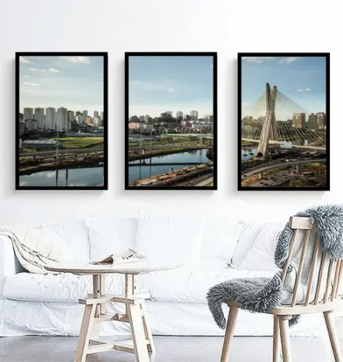 Kit 3 Quadros Decorativos Ponte Estaiada São Paulo Moldura
