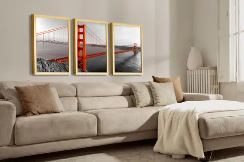 Kit 3 Quadros Decorativos Ponte Golden Gate Sala Com Moldura