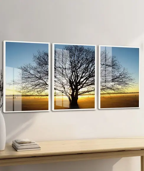 Kit 3 Quadros Decorativos Pôr do Sol Arvore Moldura e Vidro