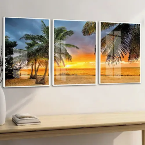Kit 3 Quadros Decorativos Pôr do Sol Coqueiro Moldura Vidro