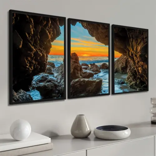 Kit 3 Quadros Decorativos Pôr do Sol Gruta Paisagem Moldura