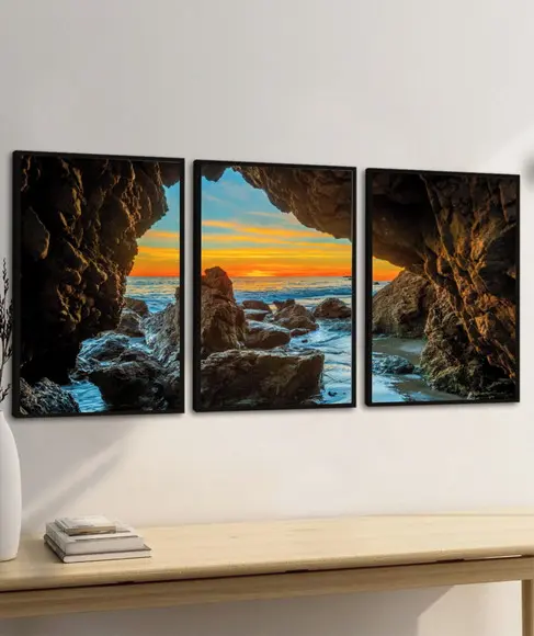 Kit 3 Quadros Decorativos Pôr do Sol Gruta Paisagem Moldura