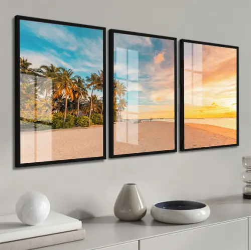 Kit 3 Quadros Decorativos Pôr do Sol Paisagem Moldura Vidro