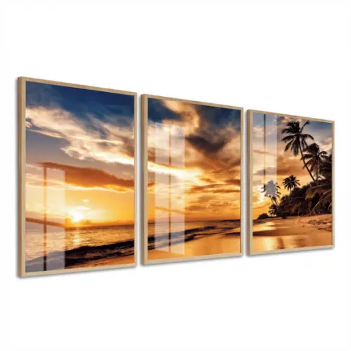 Kit 3 Quadros Decorativos Pôr Do Sol Mar Com Moldura E Vidro
