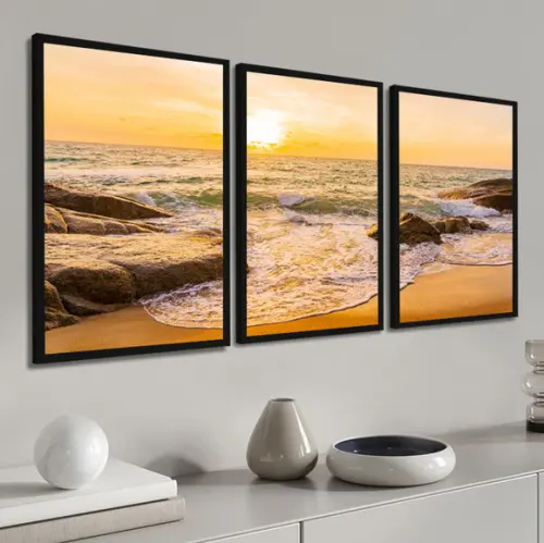 Kit 3 Quadros Decorativos Pôr Do Sol Paisagem Praia Moldura