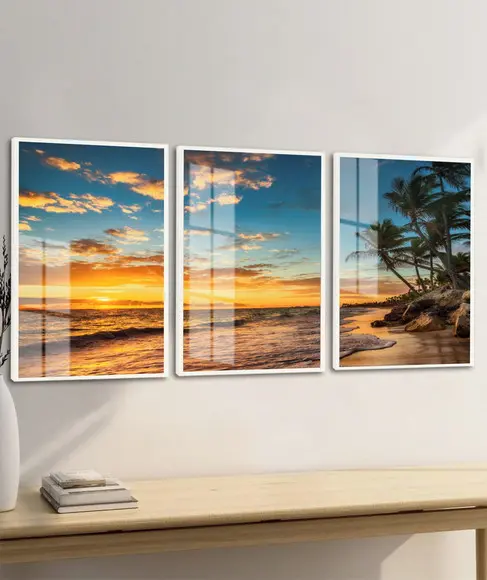Kit 3 Quadros Decorativos Pôr do Sol Paisagem Moldura Vidro