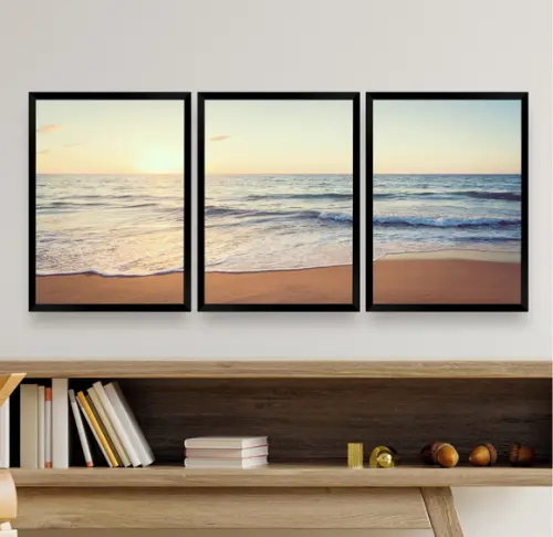 Kit 3 Quadros Decorativos Pôr Do Sol Paisagem Praia Moldura