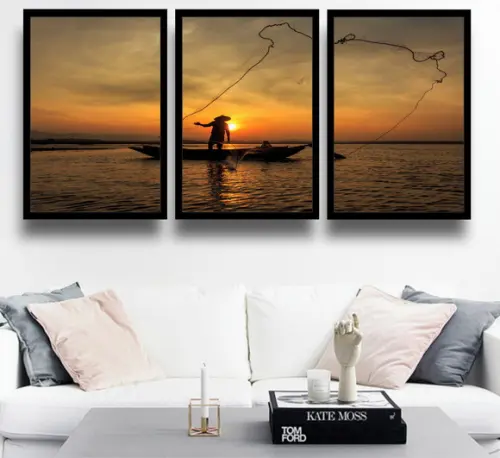 Kit 3 Quadros Decorativos Pôr Do Sol Pescador Praia Molduras