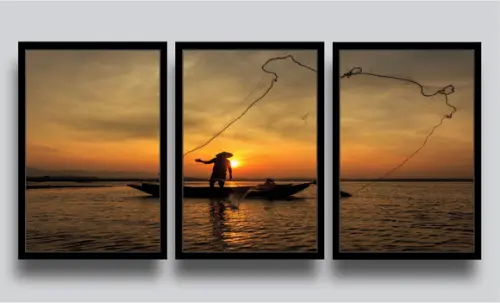 Kit 3 Quadros Decorativos Pôr Do Sol Pescador Praia Molduras