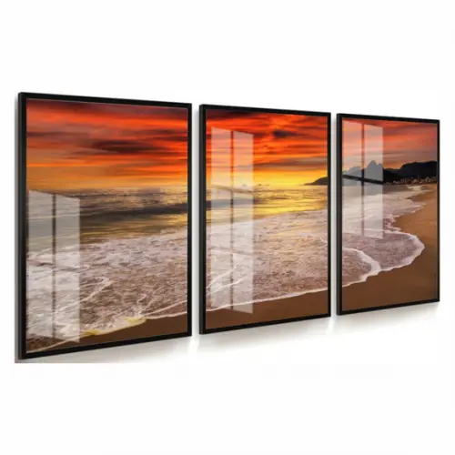 Kit 3 Quadros Decorativos Pôr do Sol Praia Moldura e Vidro