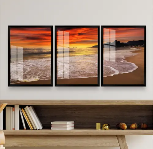 Kit 3 Quadros Decorativos Pôr do Sol Praia Moldura e Vidro