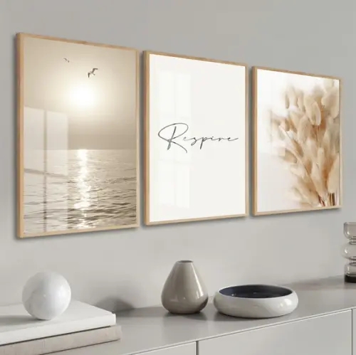 Kit 3 Quadros Decorativos Praia Boho Respire Moldura e Vidro