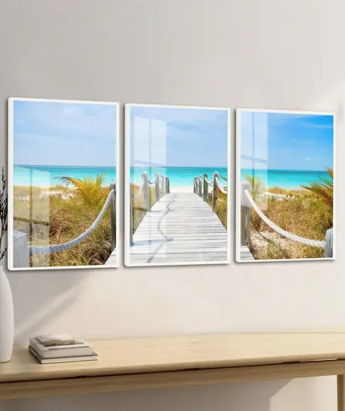 Kit 3 Quadros Decorativos Praia Deck Mar Azul Moldura Vidro