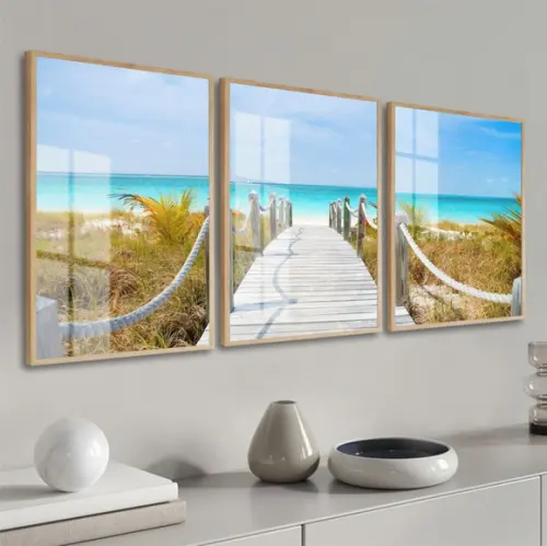 Kit 3 Quadros Decorativos Praia Deck Mar com Moldura e Vidro