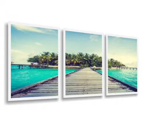 Kit 3 Quadros Decorativos Praia Deck Onda Maldivas Moldura