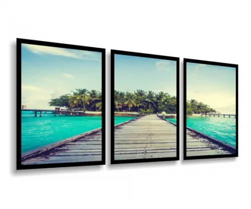 Kit 3 Quadros Decorativos Praia Deck Onda Maldivas Moldura