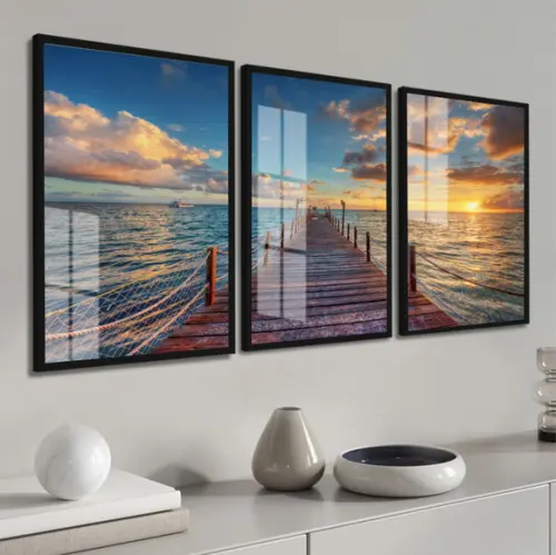 Kit 3 Quadros Decorativos Praia Deck Paisagem Moldura Vidro