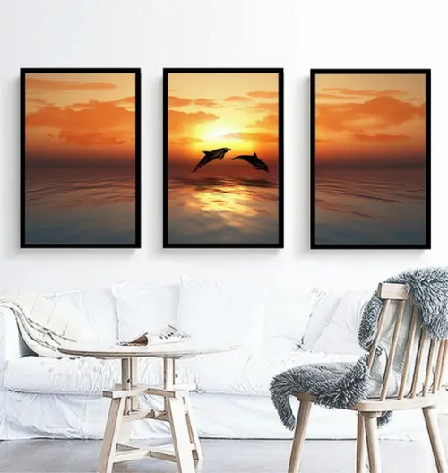 Kit 3 Quadros Decorativos Praia Golfinho Paisagem Moldura