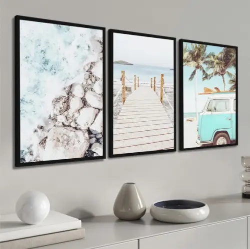 Kit 3 Quadros Decorativos Praia Kombi Mar Paisagem Moldura