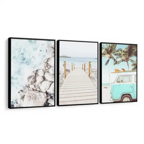 Kit 3 Quadros Decorativos Praia Kombi Mar Paisagem Moldura