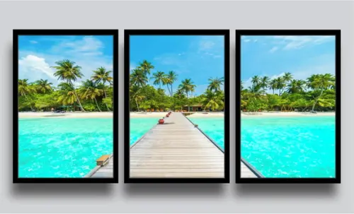 Kit 3 Quadros Decorativos Praia Maldivas Resorts Com Moldura