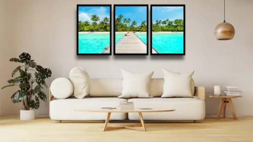 Kit 3 Quadros Decorativos Praia Maldivas Resorts Com Moldura