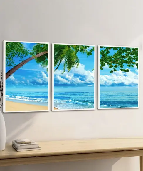 Kit 3 Quadros Decorativos Praia Mar Azul Coqueiro Moldura