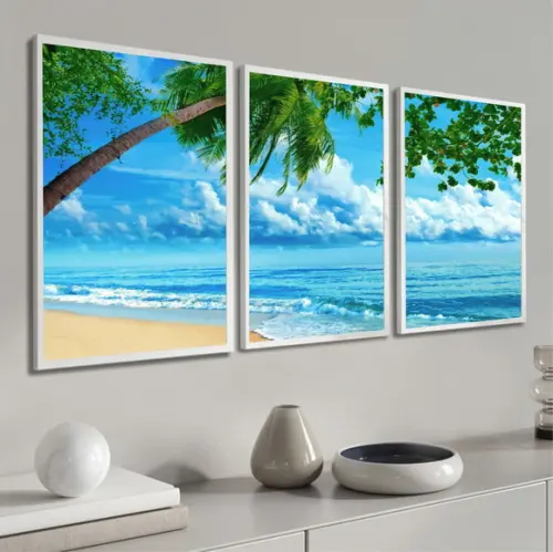 Kit 3 Quadros Decorativos Praia Mar Azul Coqueiro Moldura