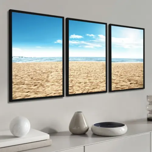 Kit 3 Quadros Decorativos Praia Mar Azul Paisagem Moldura