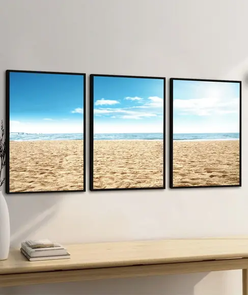 Kit 3 Quadros Decorativos Praia Mar Azul Paisagem Moldura