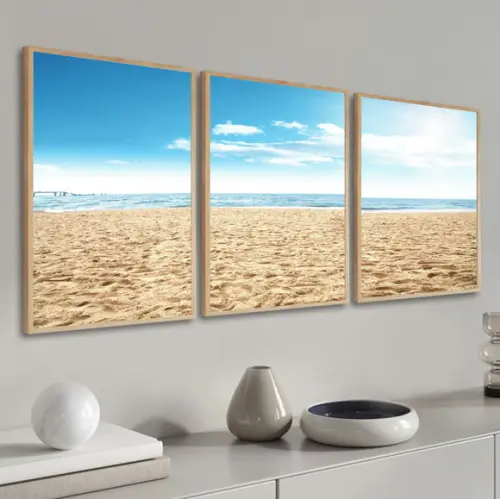 Kit 3 Quadros Decorativos Praia Mar Azul Paisagem Moldura