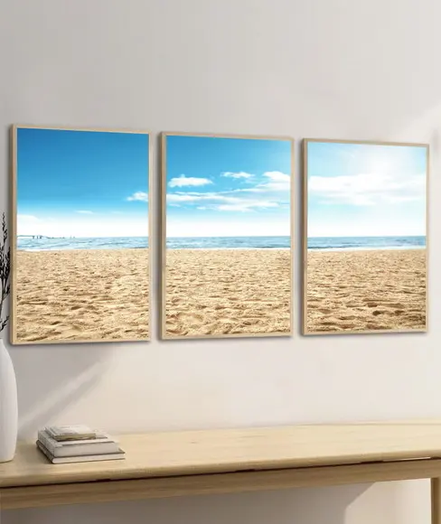 Kit 3 Quadros Decorativos Praia Mar Azul Paisagem Moldura