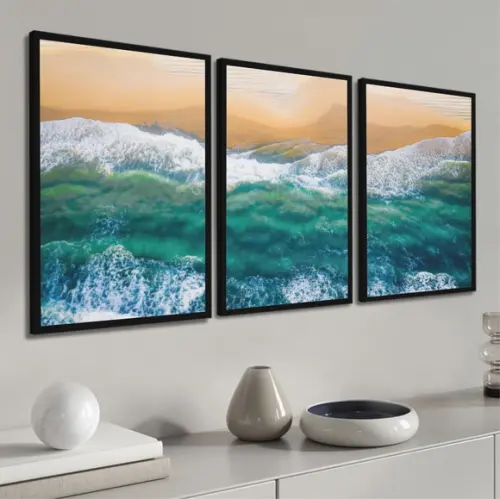 Kit 3 Quadros Decorativos Praia Mar Onda Paisagem Moldura