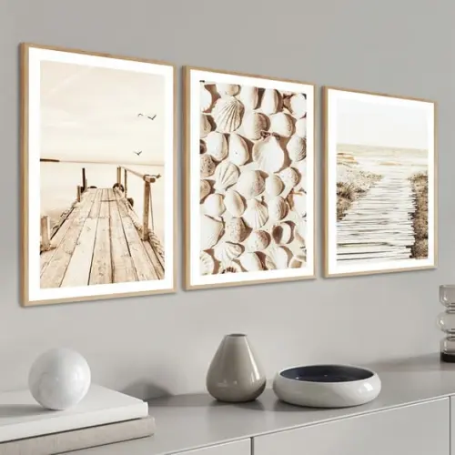 Kit 3 Quadros Decorativos Praia Mar Paisagem Boho Moldura