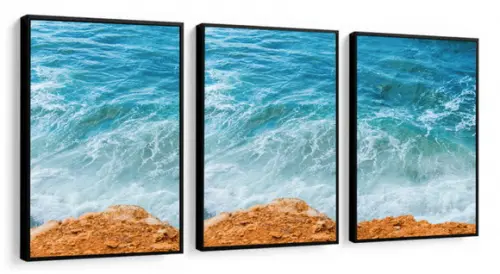 Kit 3 Quadros Decorativos Praia Onda Mar Conjunto Moldura