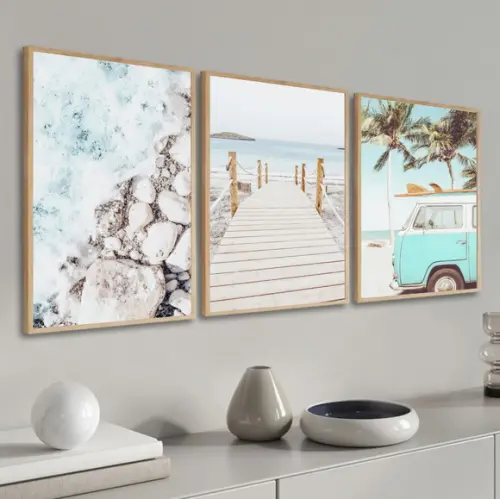 Kit 3 Quadros Decorativos Praia Mar Paisagem Kombi Moldura