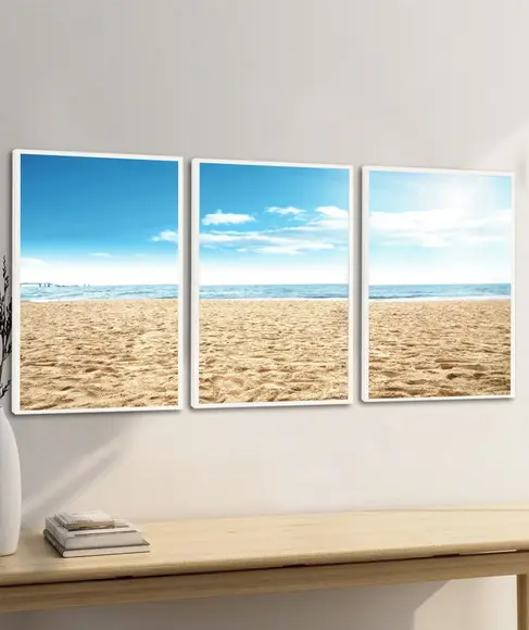 Kit 3 Quadros Decorativos Praia Paisagem Mar Azul Moldura