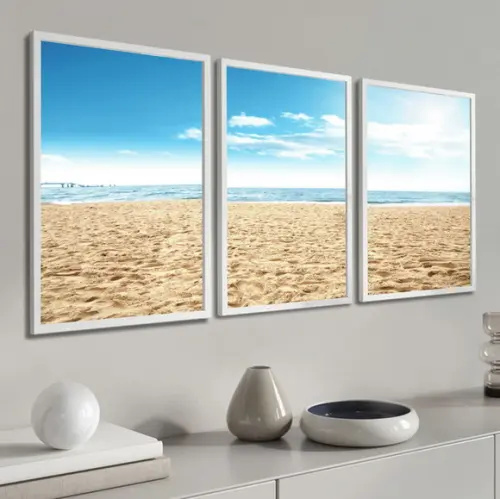 Kit 3 Quadros Decorativos Praia Paisagem Mar Azul Moldura