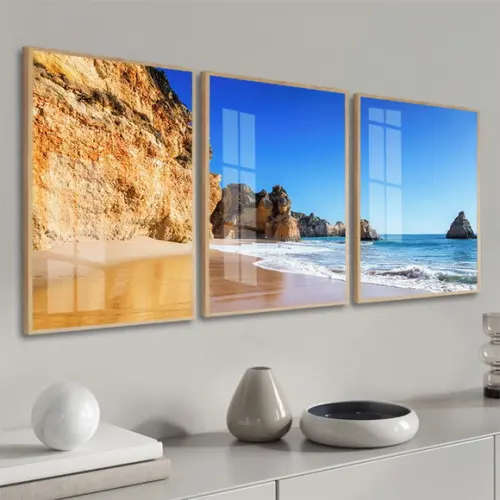 Kit 3 Quadros Decorativos Praia Paisagem Mar Moldura e Vidro